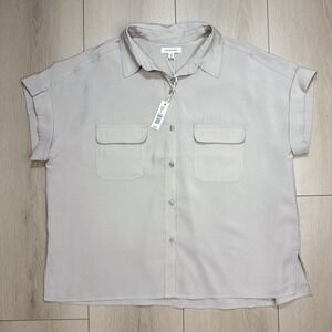 Max Studio Womens L Beige Utility Button Front Blouse Short Sleeve Pockets Rayon